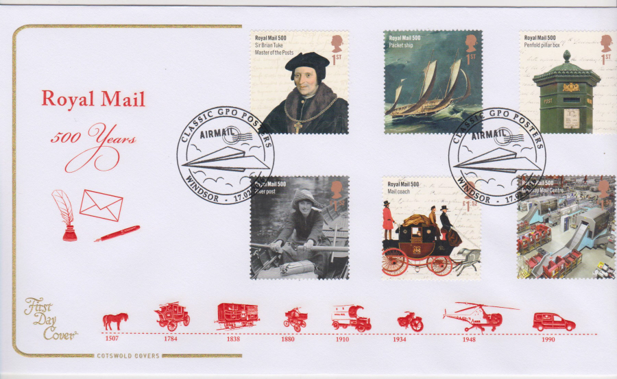 2016 - Royal Mail 500 Years COTSWOLD First Day Cover Set - Classic GPO Posters Windsor Postmark